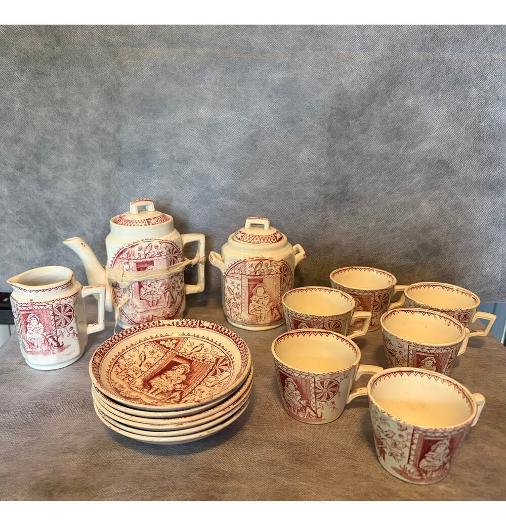 Antique Staffordshire Child's Tea Set Red Transferware 15 Pc Old Repair As Is